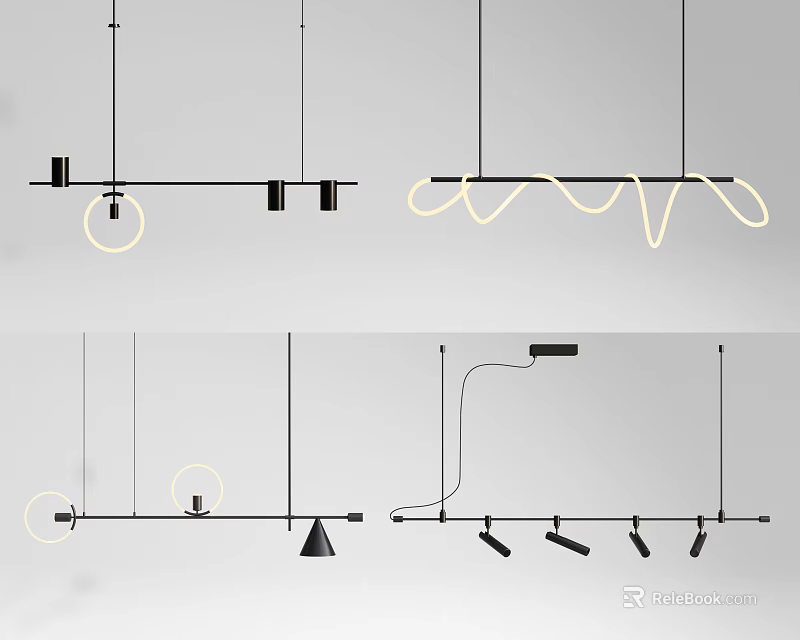Modern Contemporary Pendant Lights With Linear Curved Circular Designs Black Frames And Warm Lighting 3d model 