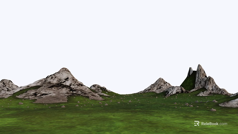 Scenic Park Landscape With Green Grass And Rocky Mountains Under White Sky 3d model 