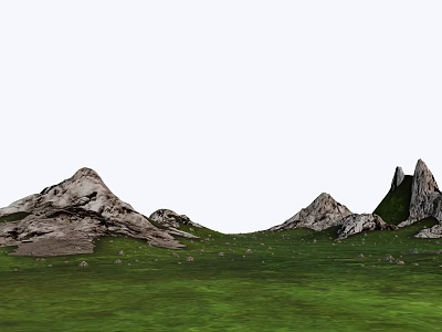 Scenic Park Landscape With Green Grass And Rocky Mountains Under White Sky 3d model