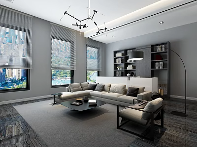 Modern Living Dining Room Interior With Large Windows City View Grey Sofa And Bookshelf 3d model