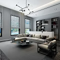 Modern Living Dining Room Interior With Large Windows City View Grey Sofa And Bookshelf