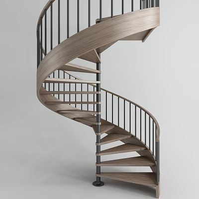 Modern Spiral Staircase With Wooden Steps And Black Metal Railings Interior Design 3d model