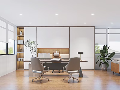 Modern Office Interior Design With Wooden Floor Desk Chairs And Green Plants 3d model