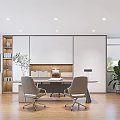 Modern Office Interior Design With Wooden Floor Desk Chairs And Green Plants