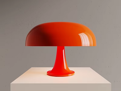 Vibrant Orange Dome Shaped Table Lamp With Red Base On White Platform Against Gray Background 3d model