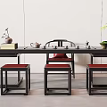 Minimalist Black Wooden Tea Table Set With Red Cushioned Stools And Tea Ware Decor 3d model