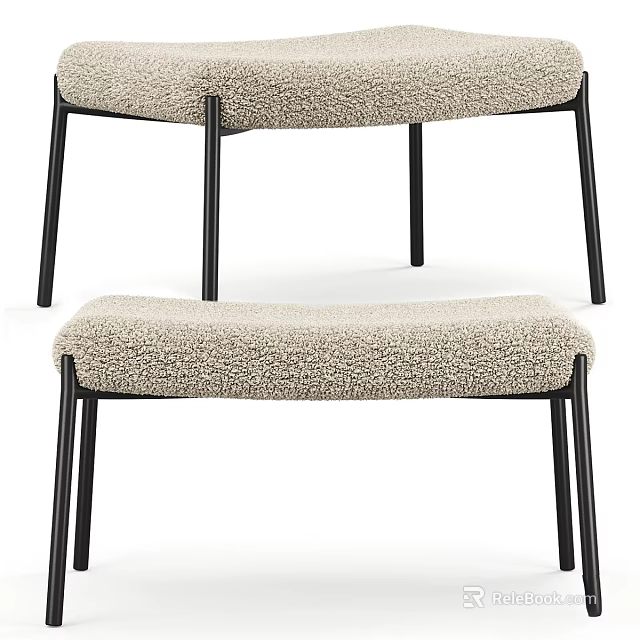 Fluffy Textured Beige Fabric Bench with Black Metal Legs Modern Design 3d model 