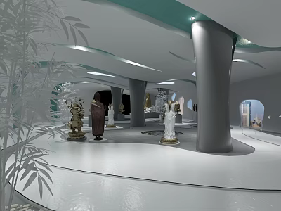 Contemporary Exhibition Hall Interior With Sculpture Displays Curved Pillars Green Ceiling Lighting And Bamboo Elements 3d model