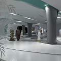 Contemporary Exhibition Hall Interior With Sculpture Displays Curved Pillars Green Ceiling Lighting And Bamboo Elements