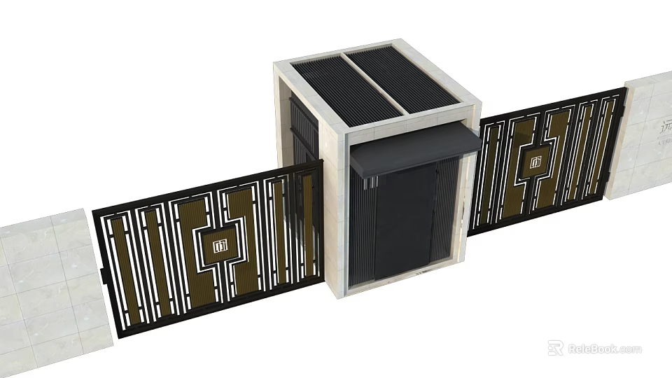 Main Entrance Gate with Central Gatehouse Solar Panels Black Metal Fences and Geometric Patterns 3d model 