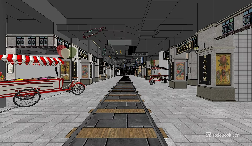 Traditional Commercial Street With Storefronts Stone Pavement Vintage Signboards And Decorative Lanterns 3d model 