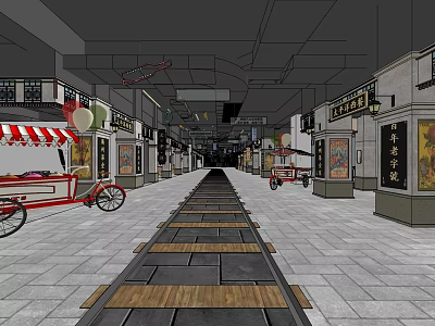 Traditional Commercial Street With Storefronts Stone Pavement Vintage Signboards And Decorative Lanterns 3d model