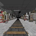Traditional Commercial Street With Storefronts Stone Pavement Vintage Signboards And Decorative Lanterns