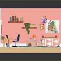 Cartoon Room Scene With Pink Walls Desk Chair Bed And Bookshelf Decorations