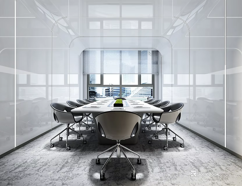 Modern Conference Room Interior Design With Long Table Ergonomic Chairs And Large Windows 3d model 