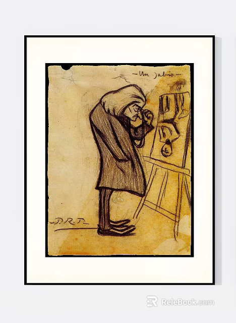 Vintage Hand Drawn Character Sketch of Artist Examining Painting on Easel 3d model 