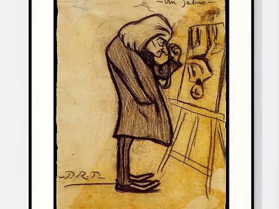 Vintage Hand Drawn Character Sketch of Artist Examining Painting on Easel 3d model