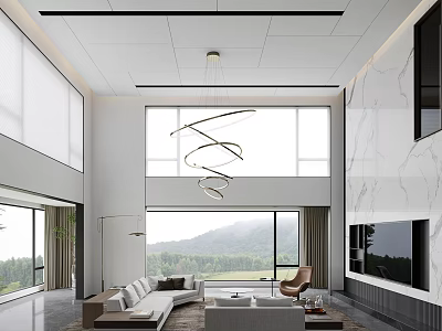 Modern Living Room Interior With Spiral Pendant Light Large Windows Mountain View And Marble Wall 3d model
