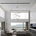 Modern Living Room Interior With Spiral Pendant Light Large Windows Mountain View And Marble Wall