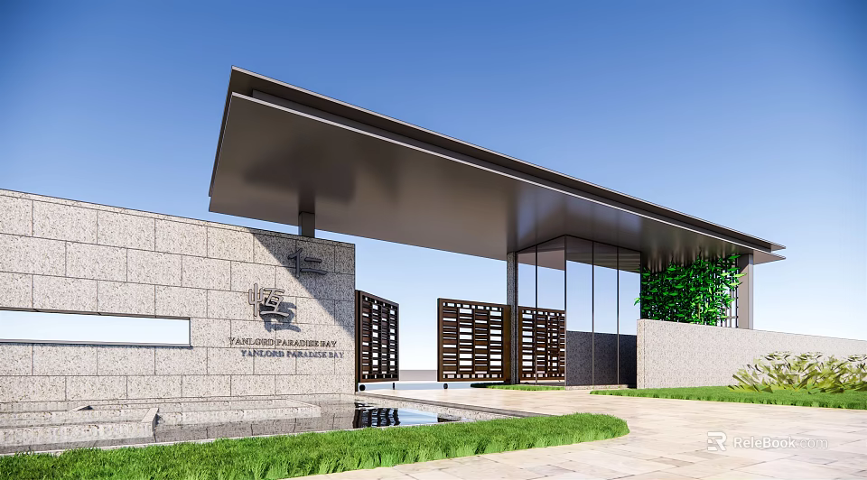 Modern University Research Institute Entrance Gate With Stone Wall Glass Curtain And Green Lawn 3d model 