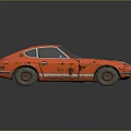 Red Rusty Vintage Sports Car With Weathered Body And Silver Stripes
