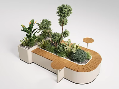 Modern Outdoor Chair with Curved Design Wooden Seats and Lush Greenery 3d model