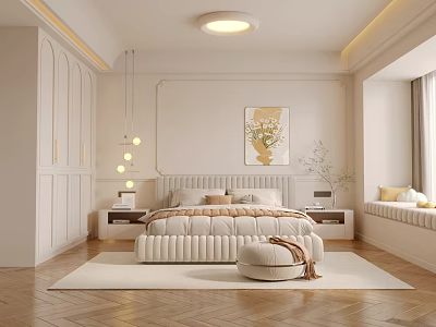 Modern Cream Bedroom Interior With Upholstered Bed Frame Nightstands Wall Art And Wooden Floor 3d model