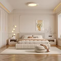 Modern Cream Bedroom Interior With Upholstered Bed Frame Nightstands Wall Art And Wooden Floor