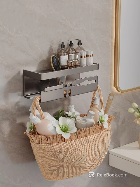 Modern Bathroom Set With Wall Mounted Shelf Toiletries Wicker Basket And Gold Frame Mirror 3d model 