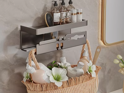 Modern Bathroom Set With Wall Mounted Shelf Toiletries Wicker Basket And Gold Frame Mirror 3d model