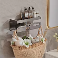 Modern Bathroom Set With Wall Mounted Shelf Toiletries Wicker Basket And Gold Frame Mirror