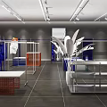 Modern Clothing Store Interior With Stylish Mannequins Colored Display Platforms And Decorative Lighting