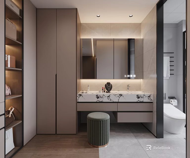 Modern Bathroom Interior Design With Marble Countertop Double Sink Mirror And Storage Cabinet 3d model 
