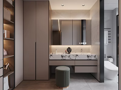 Modern Bathroom Interior Design With Marble Countertop Double Sink Mirror And Storage Cabinet 3d model