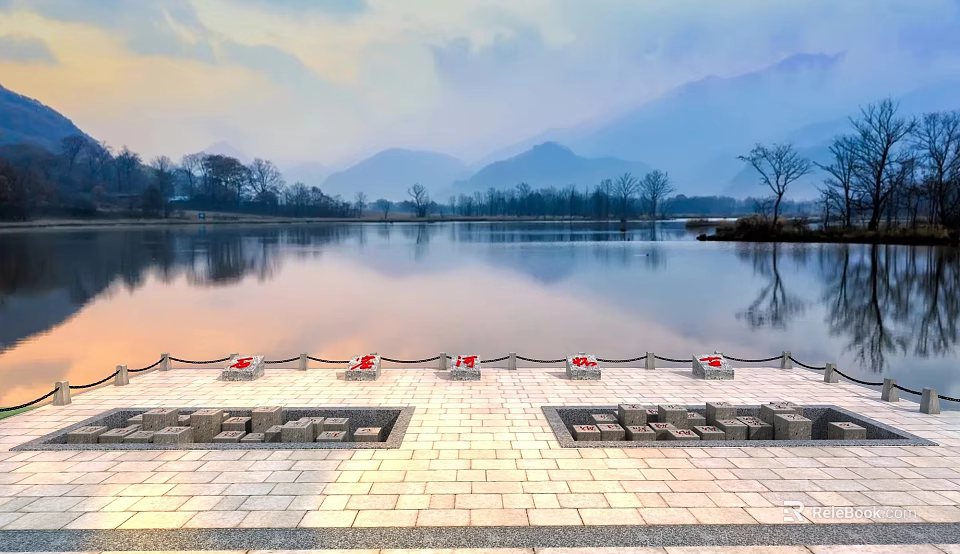 Serene Garden Landscape With Lake Reflection Mountain Backdrop Stone Pavement And Trees 3d model 