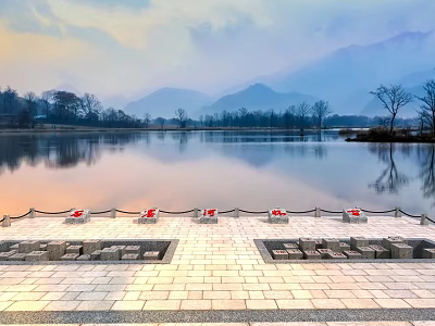 Serene Garden Landscape With Lake Reflection Mountain Backdrop Stone Pavement And Trees 3d model