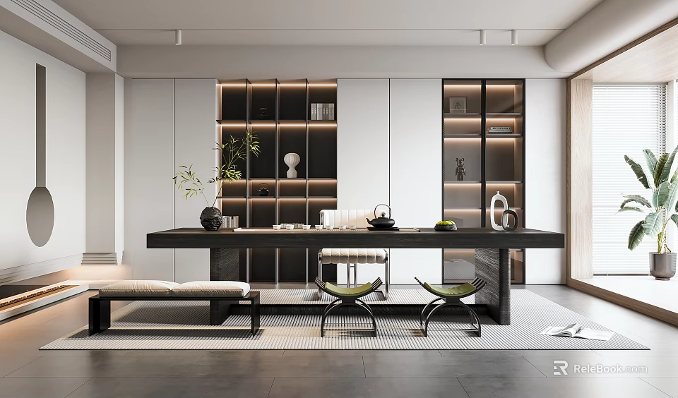 Modern Tea Room Interior Design With Long Table Display Cabinets Lighting And Green Plants 3d model 
