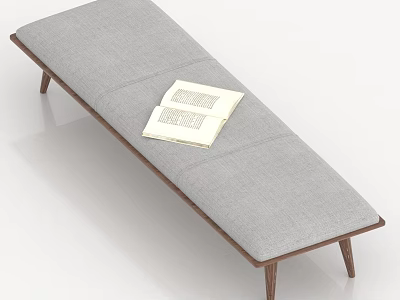 Modern Gray Cushioned Bench With Wooden Legs And Open Book On Top 3d model