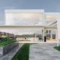 Modern Detached Villa Exterior With Large Glass Walls White Finish Stone Pathway And Landscaped Lawn
