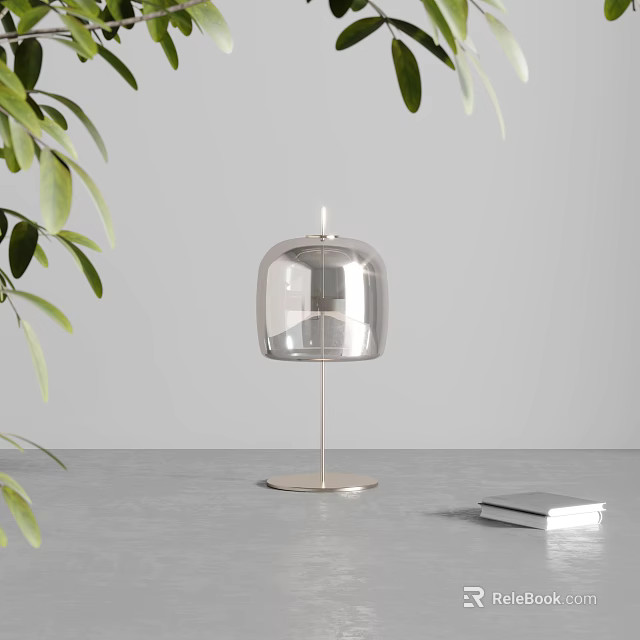 Minimalist Transparent Glass Shade Table Lamp With Metal Base And Green Leaves 3d model 