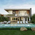 Modern Detached Villa With Wooden Facade Balcony Palm Trees And Parked Cars On Driveway