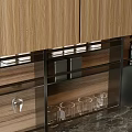 Modern Kitchen Interior With Wooden And Black Cabinets Gray Island And Green Plants