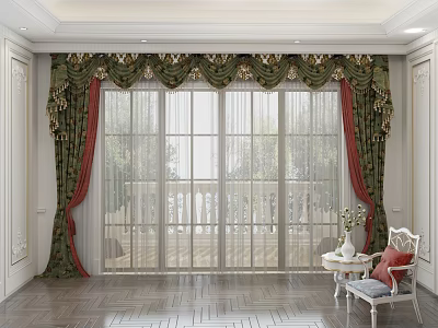 Luxurious Curtains With Red Green Patterns For Floor To Ceiling Windows And Sheer Layers 3d model