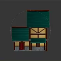 Charming Small Building Featuring Green Roof Yellow Walls Red Door Wooden Structure And Small Awning
