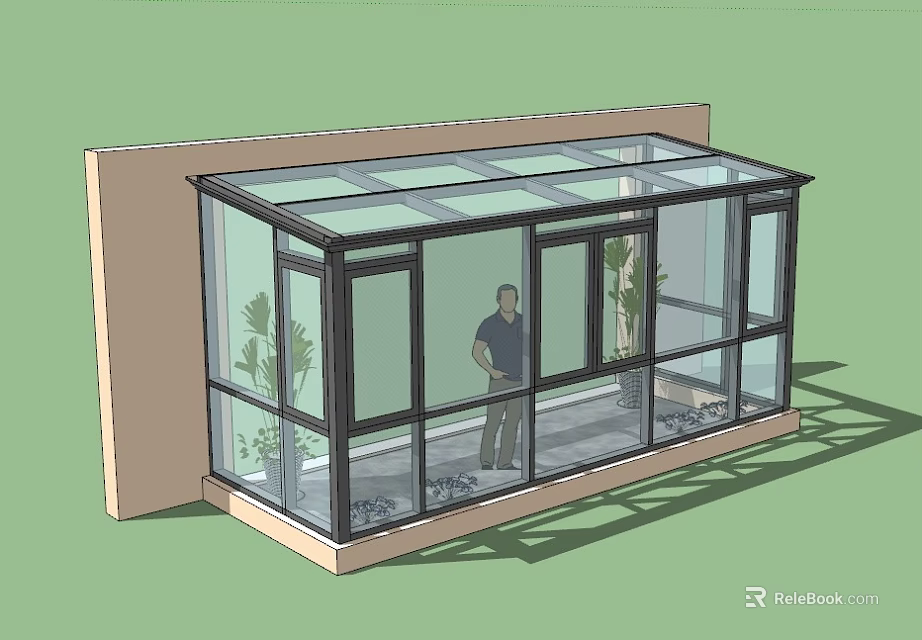 Modern Glass Sunshade Structure With Plants And Person Inside Attached To Wall 3d model 