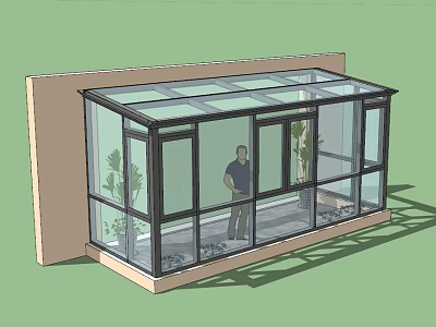 Modern Glass Sunshade Structure With Plants And Person Inside Attached To Wall 3d model