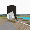 Modern Black and White Unique Structure Detached Villa in Wild Grass with Distant Islands