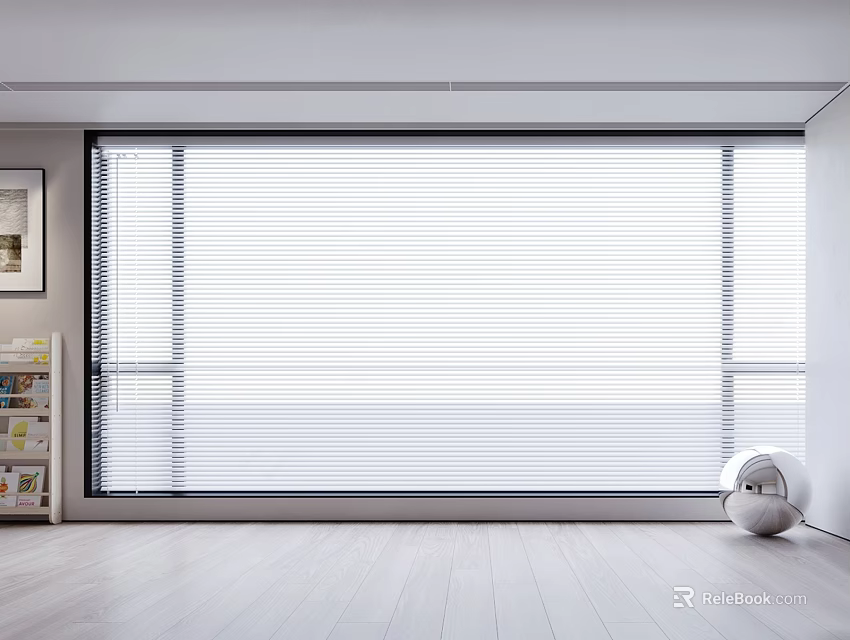 White Blinds Covering Large Window In Modern Room With Light Wooden Floor 3d model 