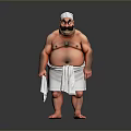 Sumo Wrestler With White Headband Big Mustache And White Loincloth Standing Barefoot On Gray Background