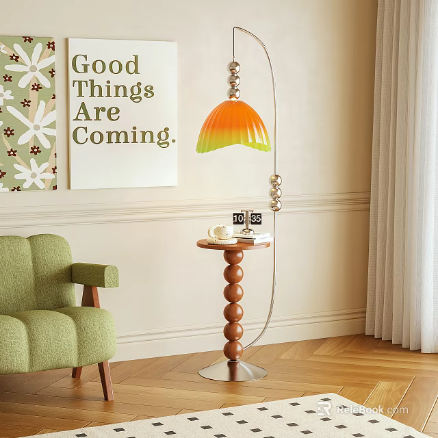 Orange Yellow Gradient Shade Silver Pole Floor Lamp With Wooden Base Next To Green Sofa 3d model 